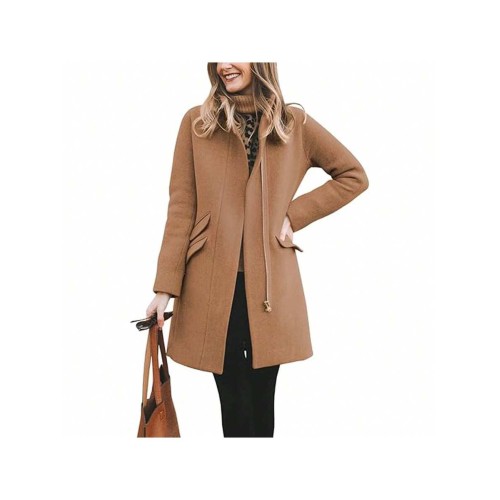 Womens Winter Long Coat Zip Up Casual Wool Blend Over Stand Neck Pea Coats Mid Long Jackets