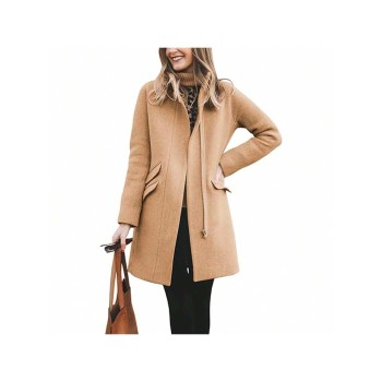 Womens Winter Long Coat Zip Up Casual Wool Blend Over Stand Neck Pea Coats Mid Long Jackets