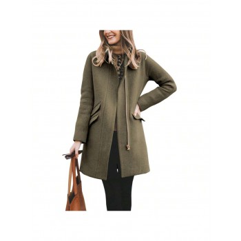 Womens Winter Long Coat Zip Up Casual Wool Blend Over Stand Neck Pea Coats Mid Long Jackets