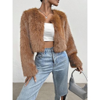 Women s Solid Color Long Sleeve Faux Fur Short Coat Winter