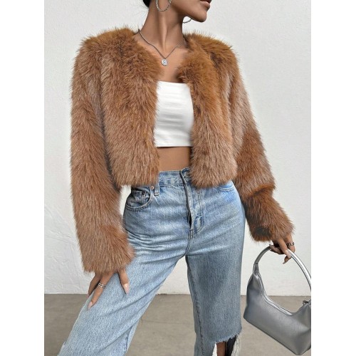 Women s Solid Color Long Sleeve Faux Fur Short Coat Winter