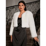 Elegant Solid Color Fuzzy Cropped Jacket Autumn Winter