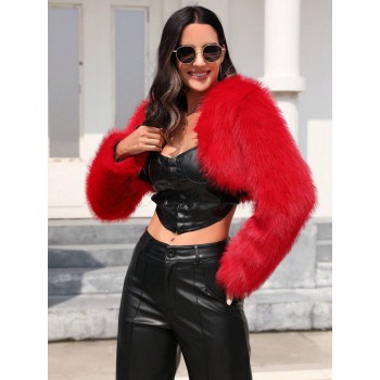 1pc Women S Trendy Front Open Short Red Fuzzy Jacket For Autumn