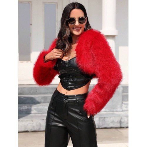 1pc Women S Trendy Front Open Short Red Fuzzy Jacket For Autumn