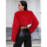 1pc Women S Trendy Front Open Short Red Fuzzy Jacket For Autumn