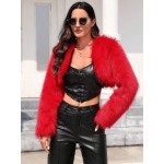 1pc Women S Trendy Front Open Short Red Fuzzy Jacket For Autumn