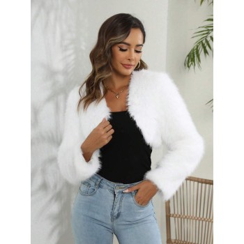 Solid Open Front Crop Fuzzy Coat