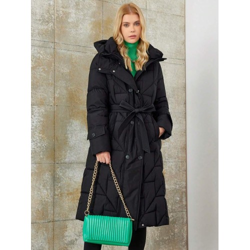 Pocket Side Belt Hooded Padded Coat