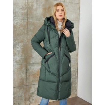 Hooded Long Winter Jacket In Olive Green