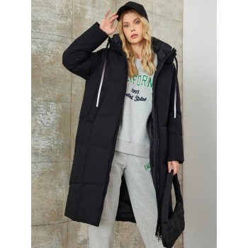 Women Black Drawstring Mid Length Warm Jacket