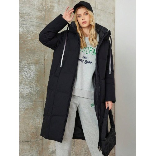 Women Black Drawstring Mid Length Warm Jacket