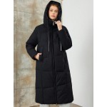 Women Black Drawstring Mid Length Warm Jacket