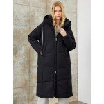 Women Black Drawstring Mid Length Warm Jacket