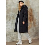 Women Black Drawstring Mid Length Warm Jacket