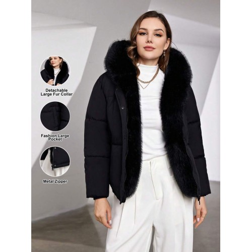 High End Detachable Large Fur Collar Hooded Women s Winter Short Padded Coat