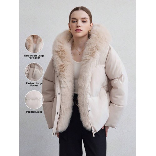 High End Detachable Large Fur Collar Hooded Women s Winter Short Padded Coat