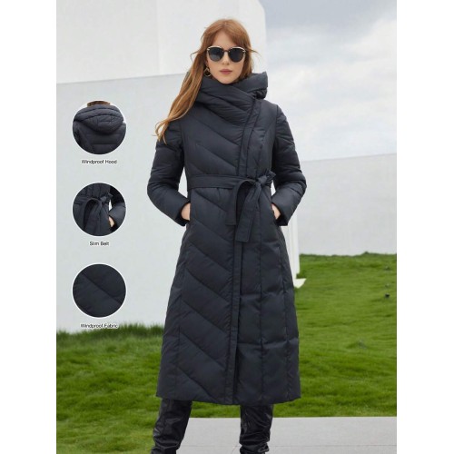 Women s Long Hooded Padded Coat With Belt