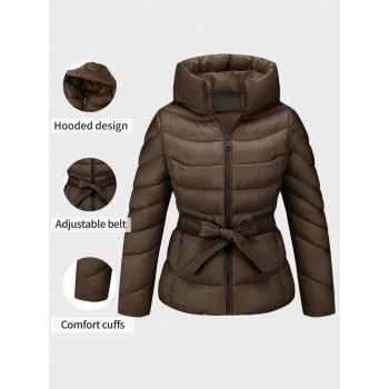 Women s Simple Padded Coat With Hood Elegant And Warm Comes With A Belt Autumn Winter