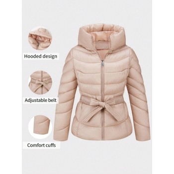 Women s Minimalist Padded Coat With Elegant Hood And Warm Lining Comes With A Waist Belt Autumn Winter