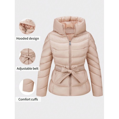 Women s Minimalist Padded Coat With Elegant Hood And Warm Lining Comes With A Waist Belt Autumn Winter