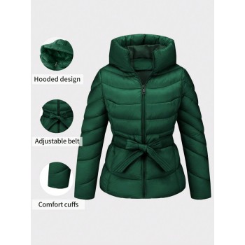 Women s Simple Padded Coat With Hood Elegant And Warm Comes With Waist Belt Fall Winter