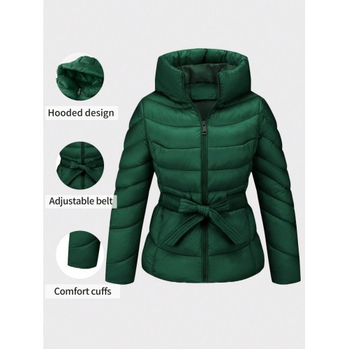 Women s Simple Padded Coat With Hood Elegant And Warm Comes With Waist Belt Fall Winter