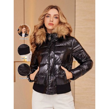 Shiny Short Down Jacket With Fur Collar For Women