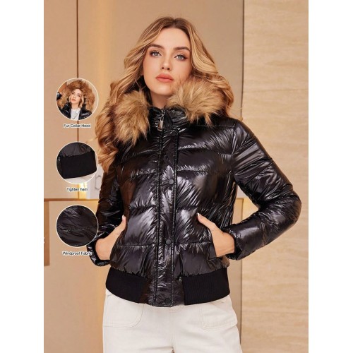 Shiny Short Down Jacket With Fur Collar For Women