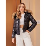 Shiny Short Down Jacket With Fur Collar For Women