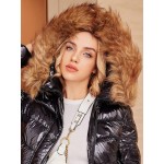 Shiny Short Down Jacket With Fur Collar For Women